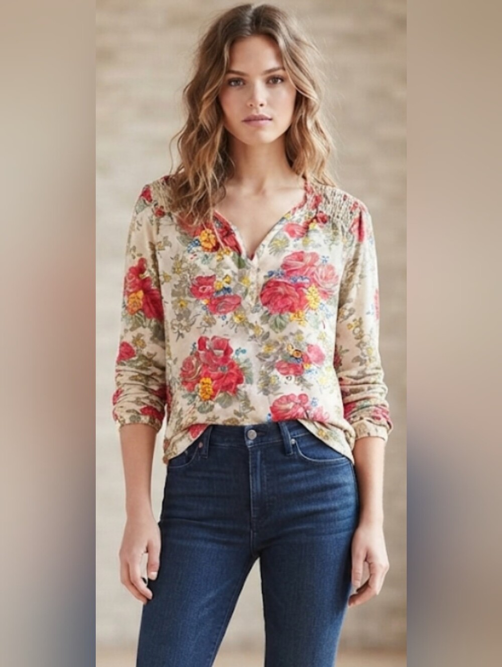 Lucky Brand Cream Blouse with Red Floral Print